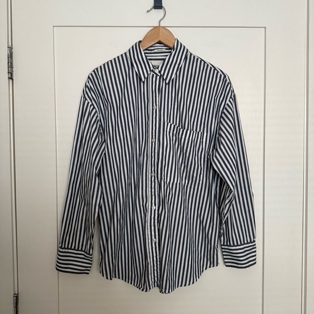 Abercrombie & Fitch Navy and White Vertical Stripe Button-Down Shirt